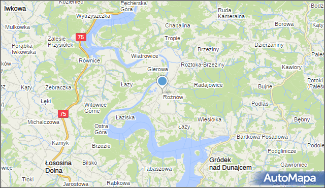 mapa Rożnów, Rożnów gmina Gródek nad Dunajcem na mapie Targeo